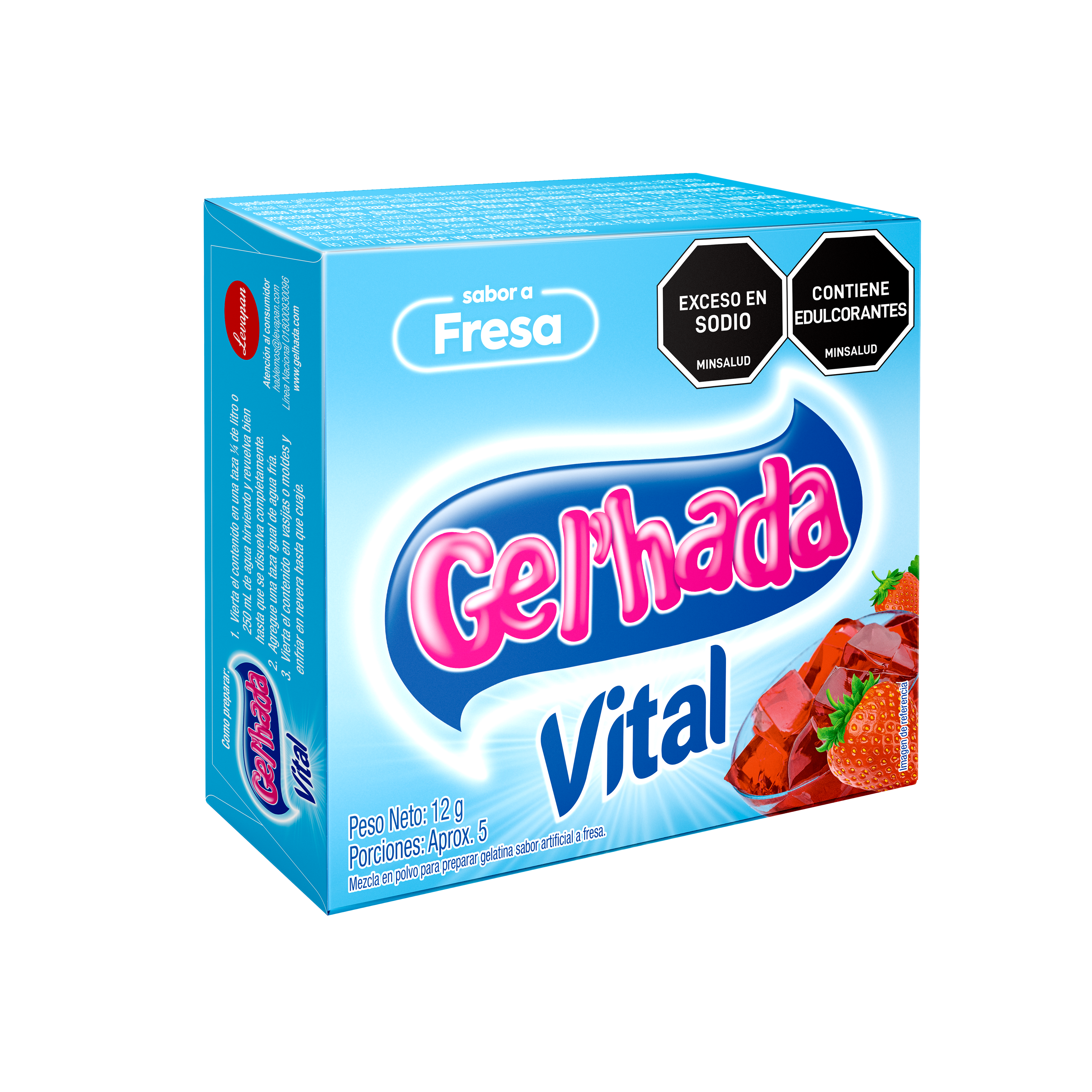 Gelatina Gel’hada Vital fresa x 12g. No se añade azúcar en su proceso de producción.