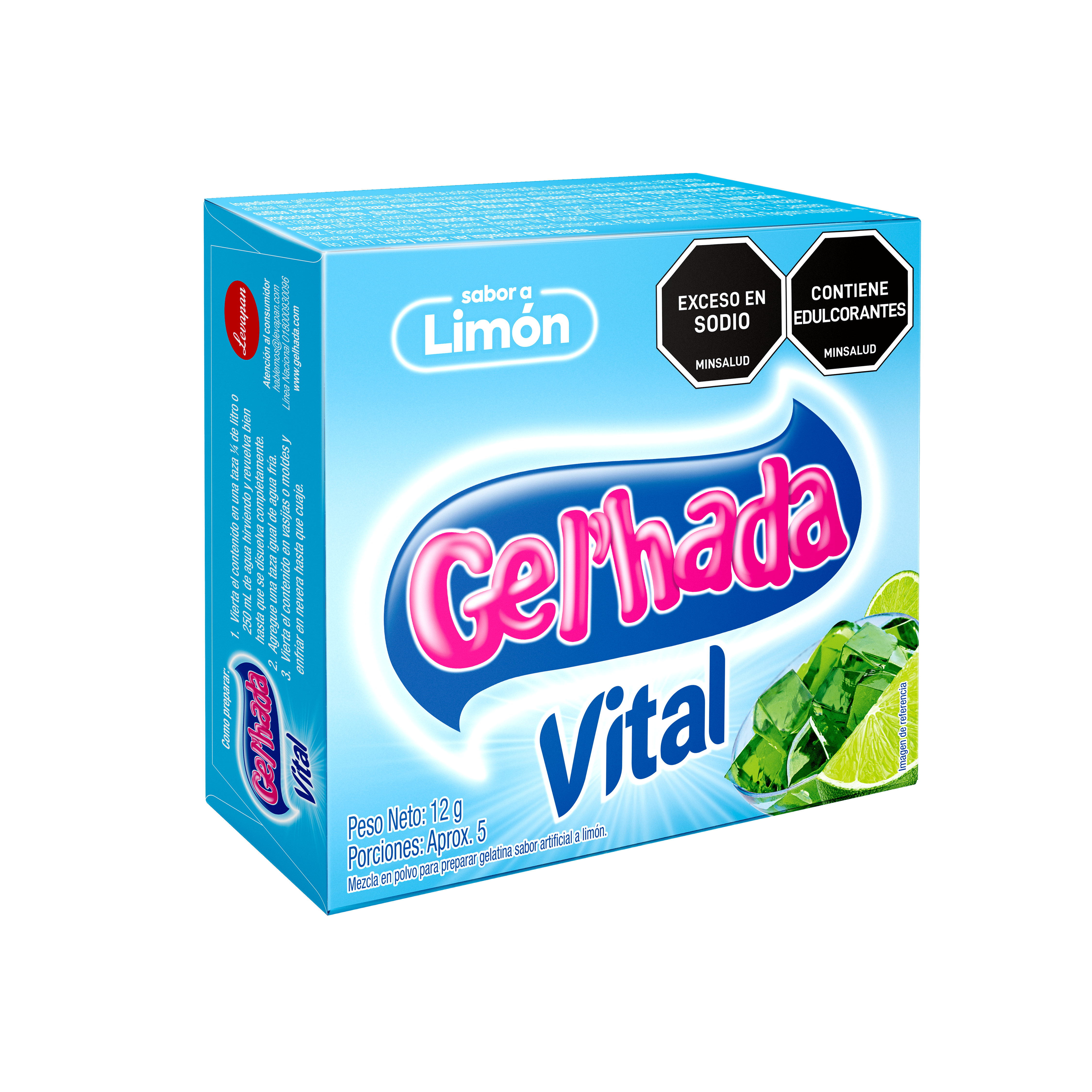 Gelatina Gel’hada Vital limón  x 12g.  No se añade azúcar en su proceso de producción.