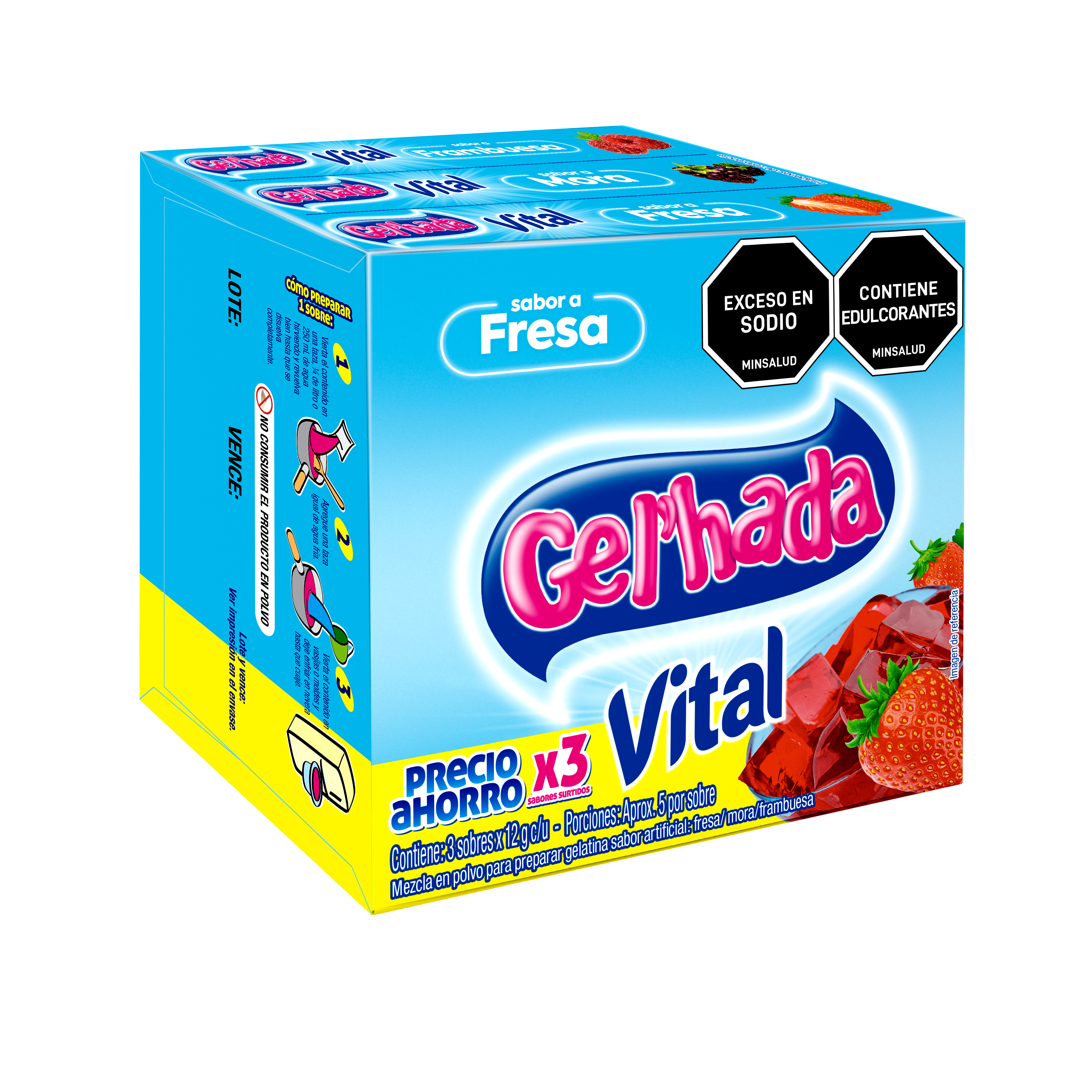 Gelatina Gel’hada Vital x 3 sabores surtidos x 12g C/U  No se añade azúcar en su proceso de producción.